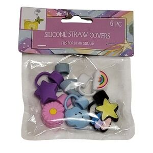 Silicone Straw Covers 6 pc Set 10mm‎ Star Rainbow Cloud Flower Whale Tail Pastel